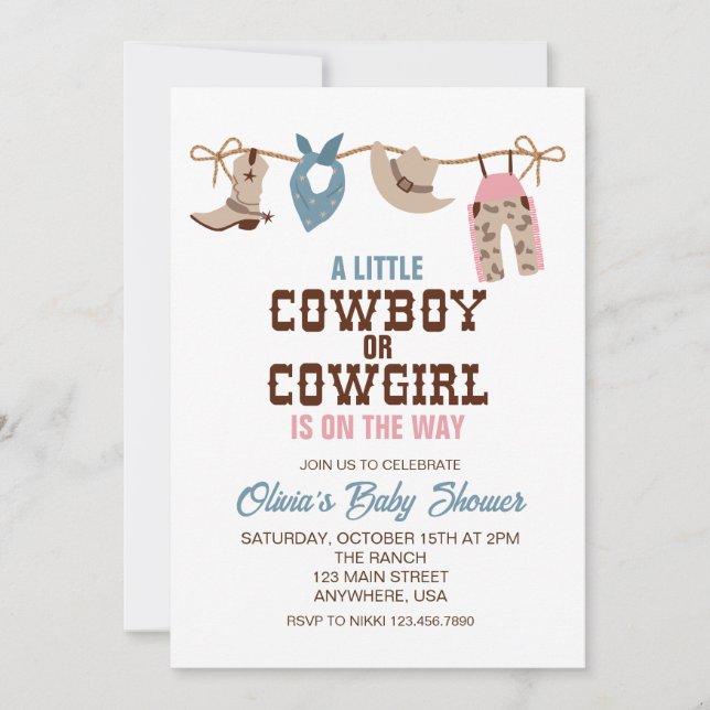 Invitation Western Cowboy Cowgirl sexe révéler Baby shower (Devant)