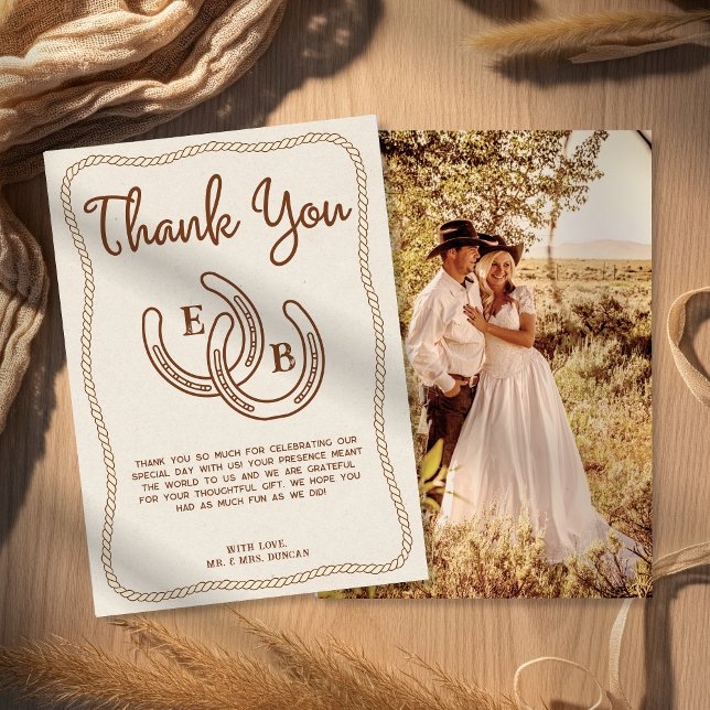 Invitation Western Cowboy Rope Horseshoe Photo Thank You Card (Créateur téléchargé)