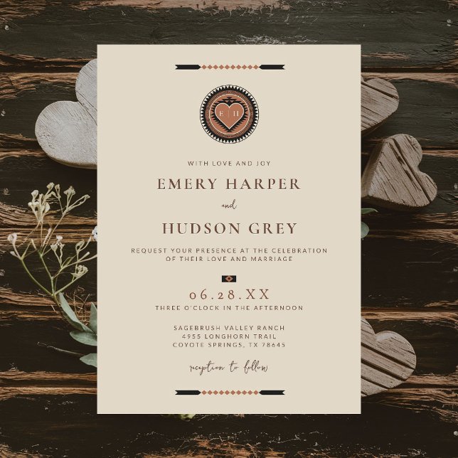 Invitation Western Cowboy Sweethearts Mariage géométrique (western wedding invitation cowboy southwest desert native tribal geometric brown earthy beige sandy)