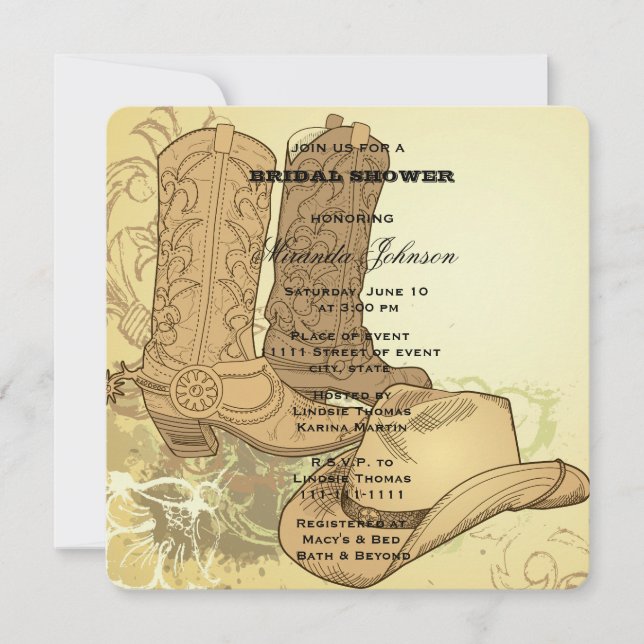 Invitation Western Cowgirl Boots Casquette Fête des mariées (Devant)