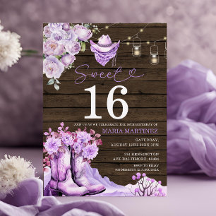 Invitation Western Cowgirl Purple Wood Sweet 16 Anniversaire