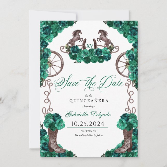 Invitation Western Green Charro Sauvez La Date Quinceañera (Devant)