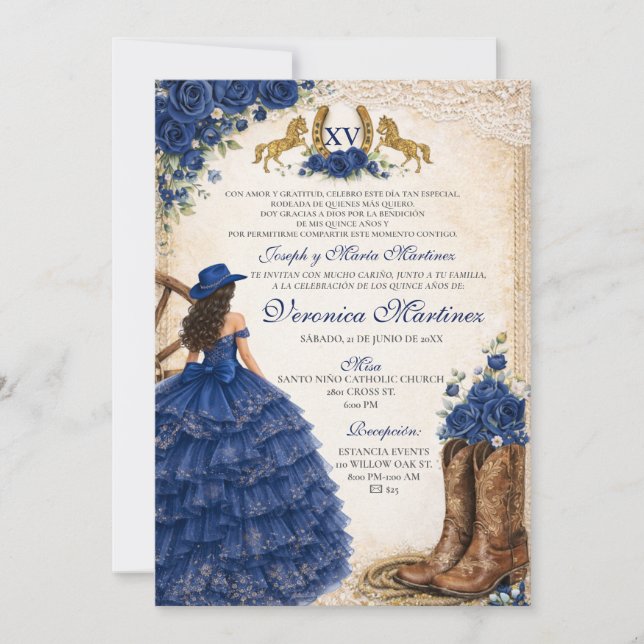 Invitation Western Navy Blue Floral Princess Sweet 15 Años (Devant)