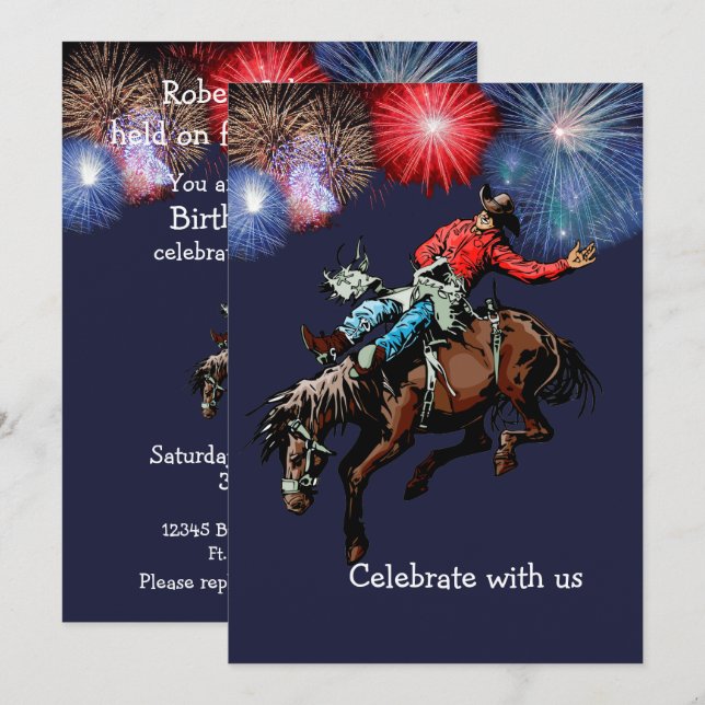 Invitation Western Party Rodeo Cowboy Bronc Rider Bleu (Devant / Derrière)