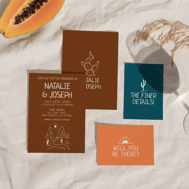 Invitation Western Retro Main tirée Désert Mariage moderne (Créateur téléchargé)