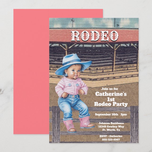 Invitation Western Rodeo Cowgirl 1er anniversaire (Devant / Derrière)