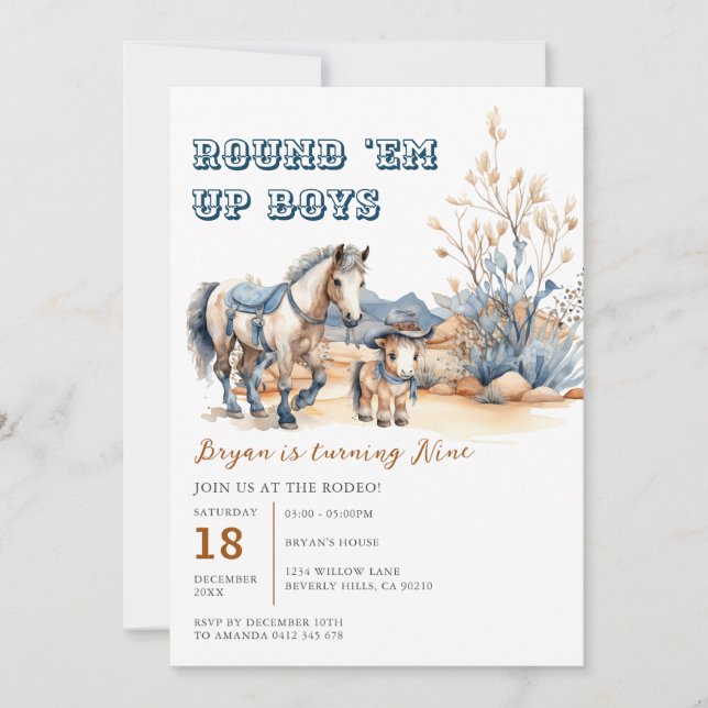 Invitation Western Round 'Em Up Boys Cowboy fête d'anniversai (Devant)