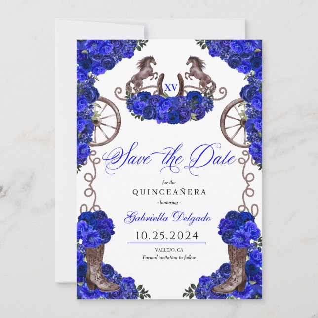 Invitation Western Royal Blue Sauvez La Date Quinceañera (Devant)