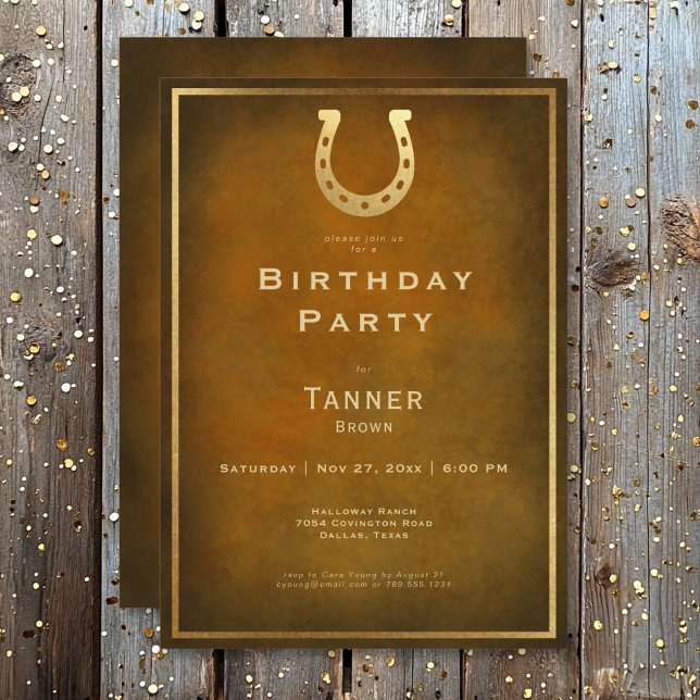 Invitation Western Rustic Horseshoe Brown Gold Anniversaire (Western Rustic Horseshoe Brown Gold Birthday Invitation)