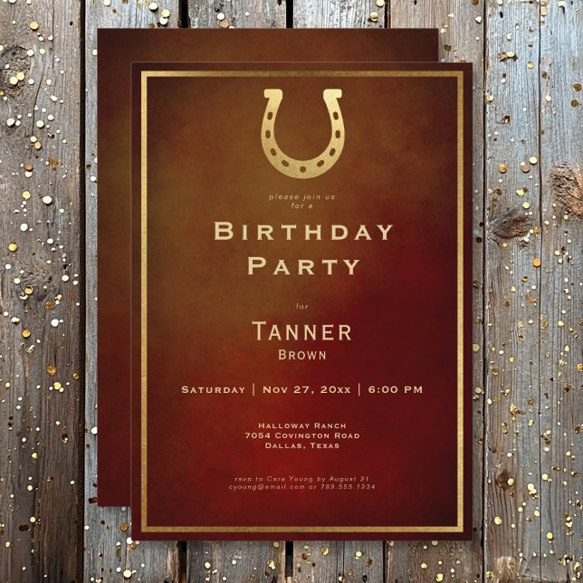 Invitation Western Rustic Horseshoe Burgundy Gold Birthday (Western Rustic Horseshoe Burgundy Gold Birthday Invitation)