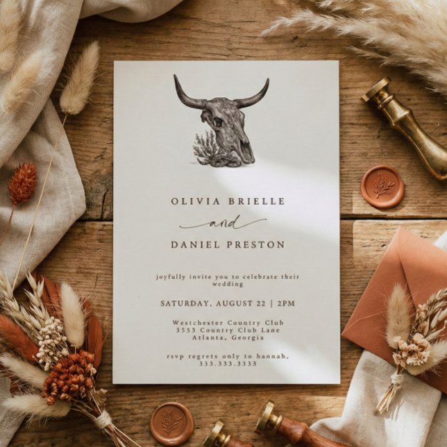 Invitation Western Rustic Pampas Grass Boho Cow skull Wedding (Créateur téléchargé)