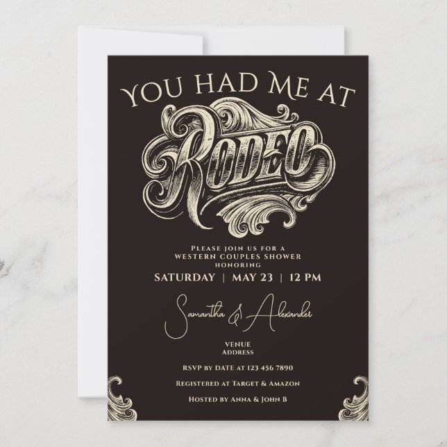Invitation Western Vintage Rodeo Black Bridal Couples Douche (Devant)