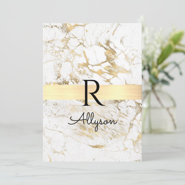 Invitation Wh/Gold Marbre, do-it-yourself Nom noir Monogramme (Debout devant)
