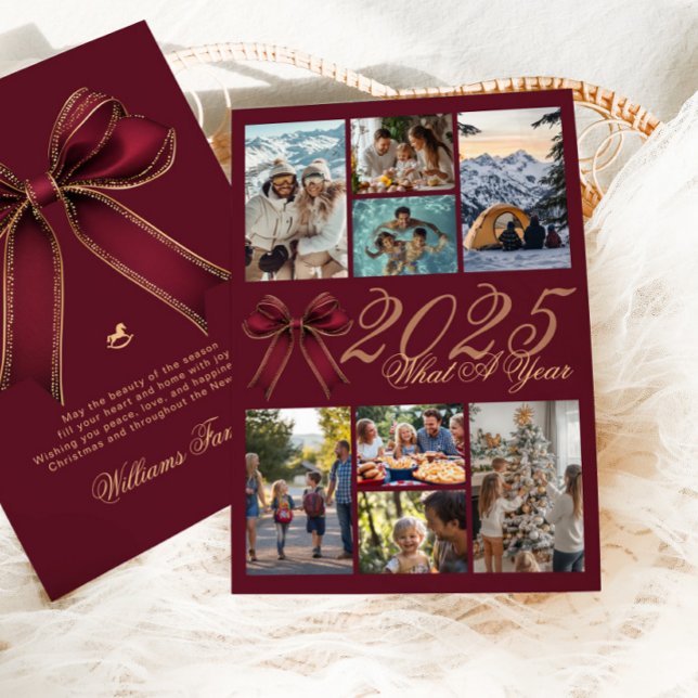 Invitation What A Year Photo Collage Christmas Bow Holiday (Créateur téléchargé)