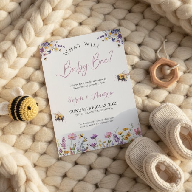 Invitation What Will Baby Bee Gender Reveal Party  (Gender reveal invitation on chunky knit blanket with baby booties and bee toy in warm light)