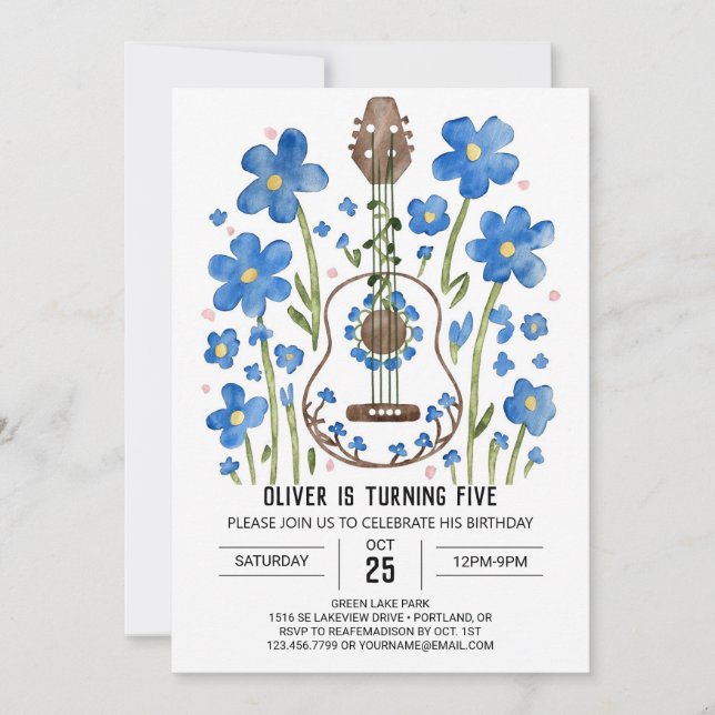Invitation Whimsical Acoustic Guitar Boy Anniversaire (Devant)