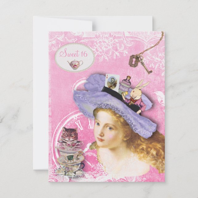Invitation Whimsical Alice in Wonderland Sweet 16 Tea Party (Devant)