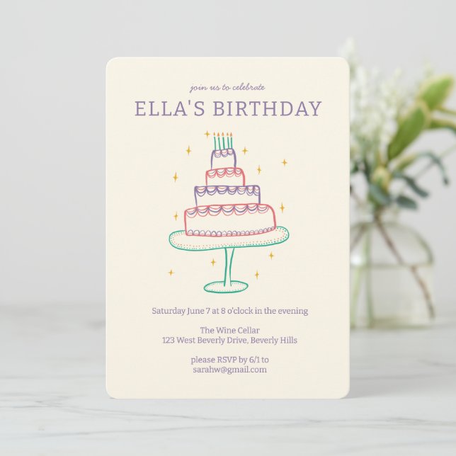 Invitation Whimsical Anniversaire Gâteau Cute Personnalisé Fê (Debout devant)