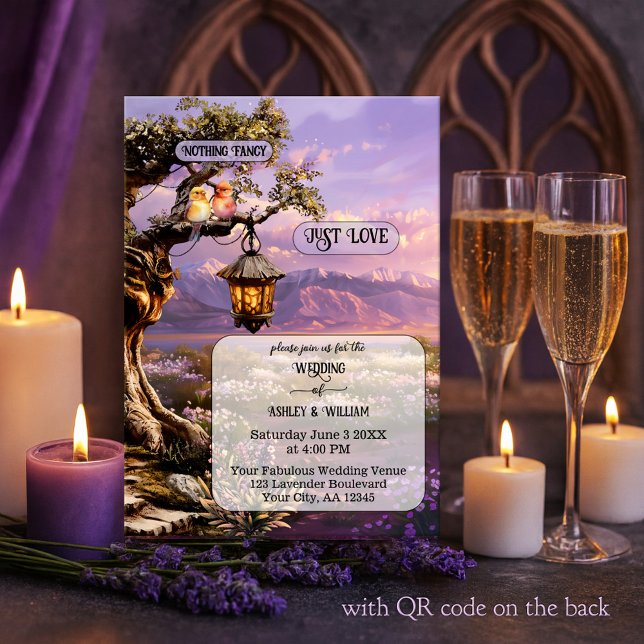 Invitation Whimsical Artistic Romantic Lavender Wedding (Whimsical wedding invitation featuring a painting of a lavender landscape at sunset with lantern)