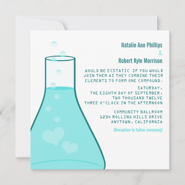 Invitation Whimsical Beaker Wedaker, Aqua (Devant)