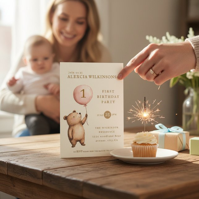 Invitation Whimsical Bear "One" Heart Balloon Birthday  (Créateur téléchargé)