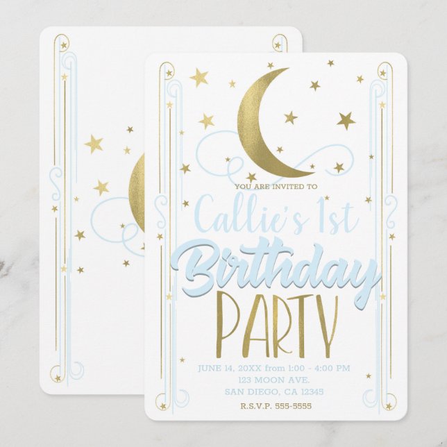 Invitation Whimsical Blue Gold Moon Stars Anniversaire (Devant / Derrière)