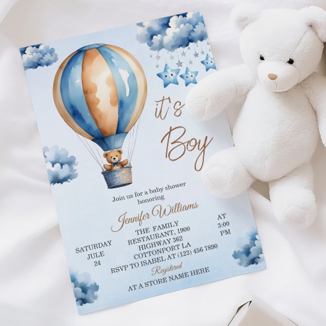 Invitation Whimsical Blue Hot Air Balloon Baby Boy Douche (Créateur téléchargé)