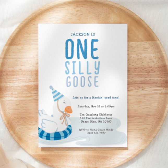 Invitation Whimsical Blue One Silly Goose Premier anniversair (Créateur téléchargé)