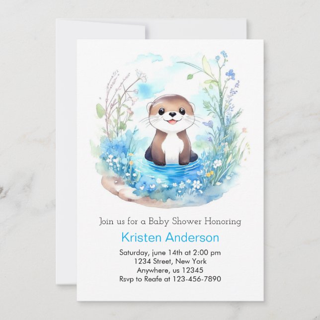 Invitation Whimsical Blue Otter Fleur sauvage Baby shower gar (Devant)