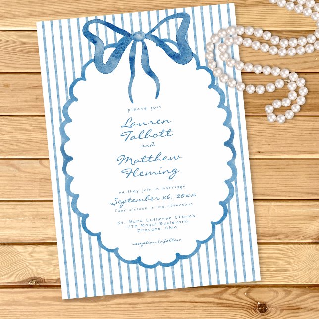 Invitation Whimsical Blue Watercolor Bow Stripe Wedding (Créateur téléchargé)