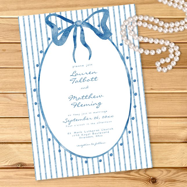 Invitation Whimsical Blue Watercolor Bow Stripe Wedding (Créateur téléchargé)