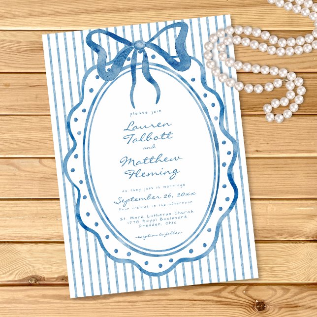 Invitation Whimsical Blue Watercolor Bow Stripe Wedding (Whimsical Blue Watercolor Bow Stripe Wedding Invitation)