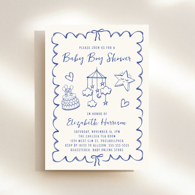 Invitation Whimsical Blue Wavy Frame Baby Boy Douche (Créateur téléchargé)