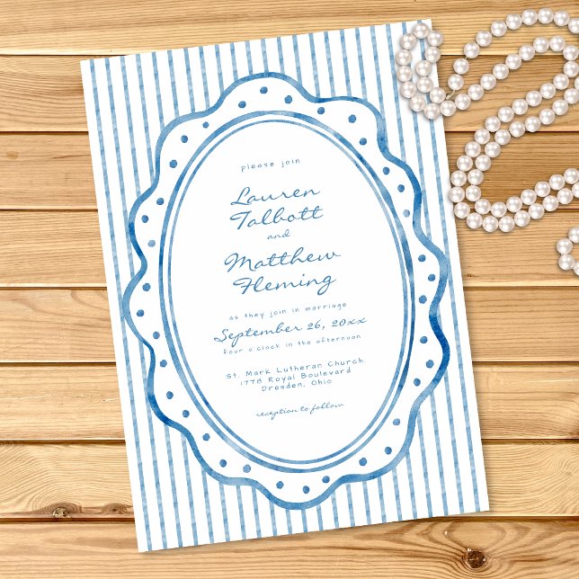 Invitation Whimsical Blue White Watercolor Stripe Wedding (Whimsical Blue White Watercolor Stripe Wedding Invitation)