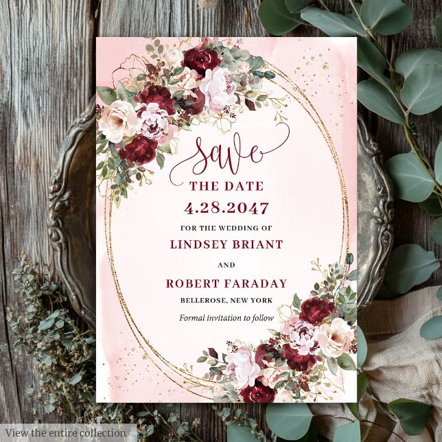 Invitation Whimsical Boho Burgundy Blush Gold Floral Date (Whimsical Boho Burgundy Blush Gold Floral Date)