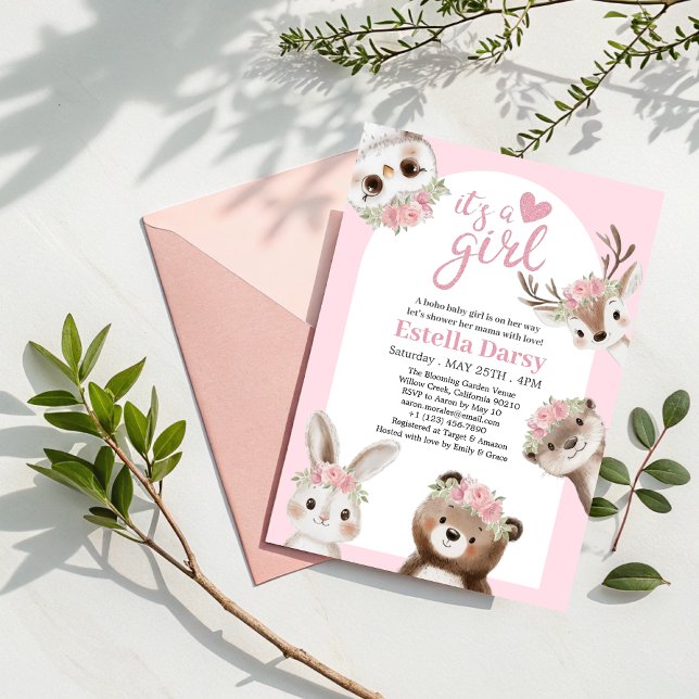 Invitation Whimsical Boho Woodland Baby shower fille Boho ros (Créateur téléchargé)