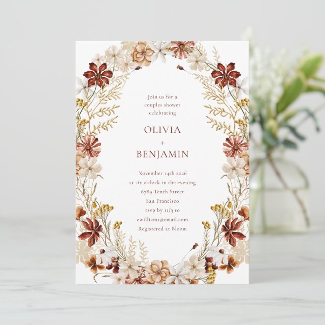 Invitation Whimsical Botanical Bourgogne Wreath Couples Douch (Debout devant)