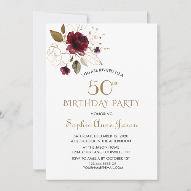 Invitation Whimsical Bourgogne Gold Floral 50e anniversaire (Devant)