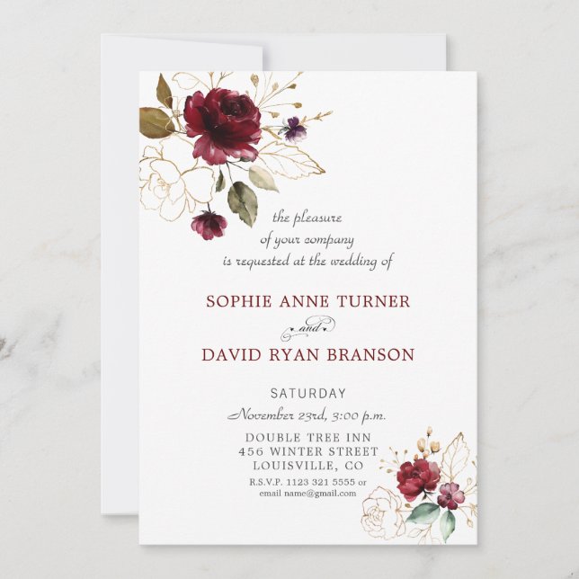 Invitation Whimsical Bourgogne Gold Flowers Monogramme Mariag (Devant)