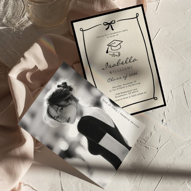 Invitation Whimsical Bow Black and White Graduation party (Créateur téléchargé)