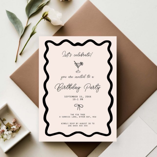 Invitation Whimsical Bow cursive border martini birthday  (Créateur téléchargé)
