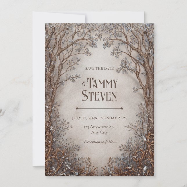 Invitation Whimsical Bronze Filigree Forest Wedding (Devant)