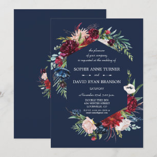 Invitation Whimsical Burgundy Blush Flowers Mariage bleu mari