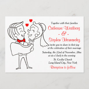 Invitation Whimsical Cartoon Bride & Groom Rouge, Mariage bla