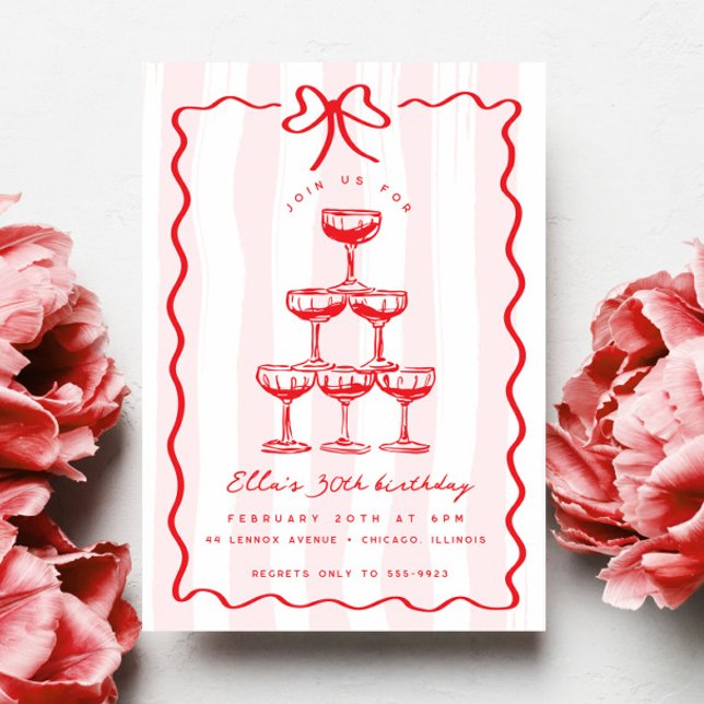 Invitation Whimsical Champagne Tower Bow Pink Striday (Créateur téléchargé)