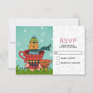 Invitation Whimsical Chat assis dans un thé Noël RSVP