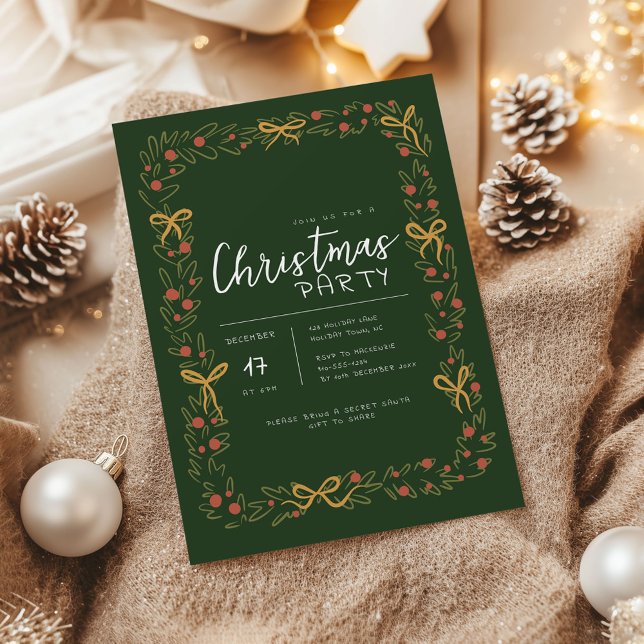 Invitation Whimsical Christmas Wreath & Bow Party (Whimsical Christmas Wreath holiday party invitation)