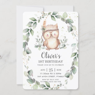 Invitation Whimsical Cute Owl Rustic Green Anniversaire feuil