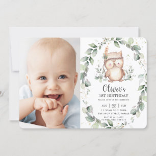Invitation Whimsical Cute Owl Rustic Green Photo Anniversaire