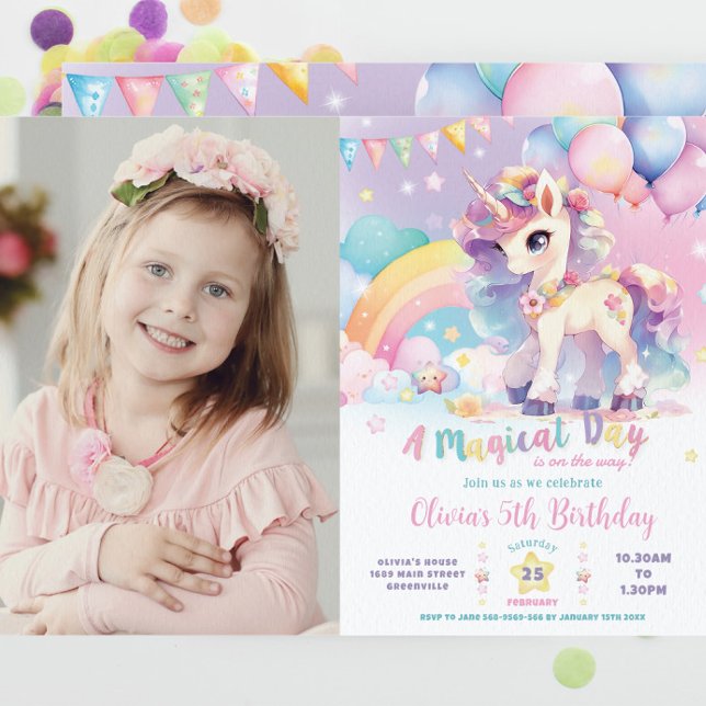 Invitation Whimsical Cute Rainbow Unicorn Magique Anniversair (Créateur téléchargé)
